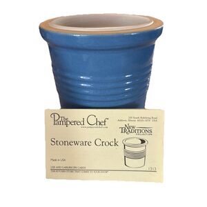 PAMPERED CHEF Family Heritage Stoneware Bread Utensil Crock Light Blue W/Liner